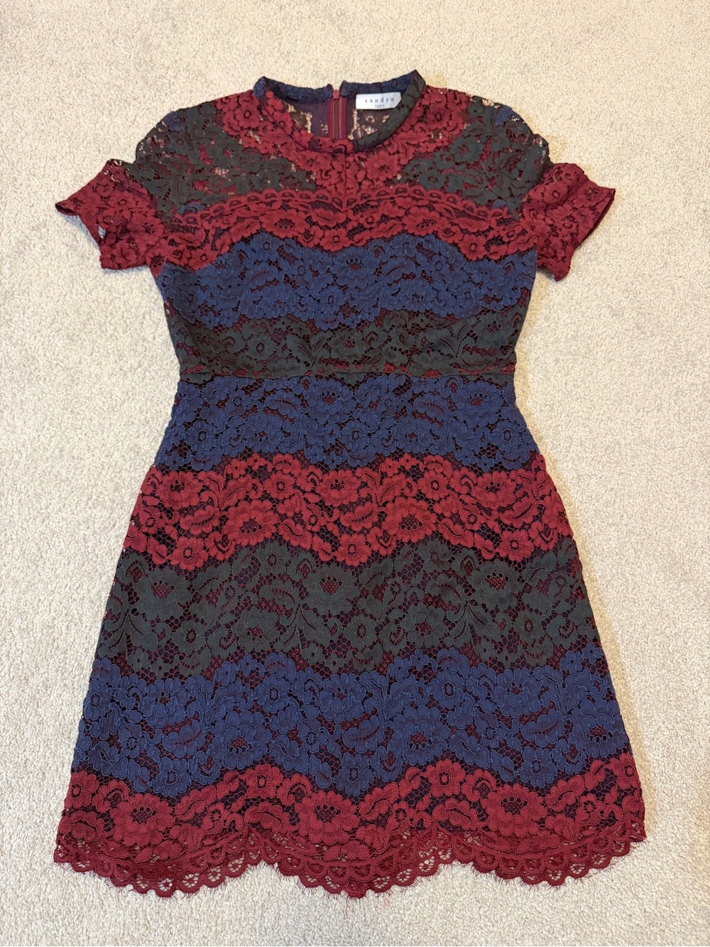 Sandro Burgundy, Navy & Black Lace Stripe Short Sleeve Dress